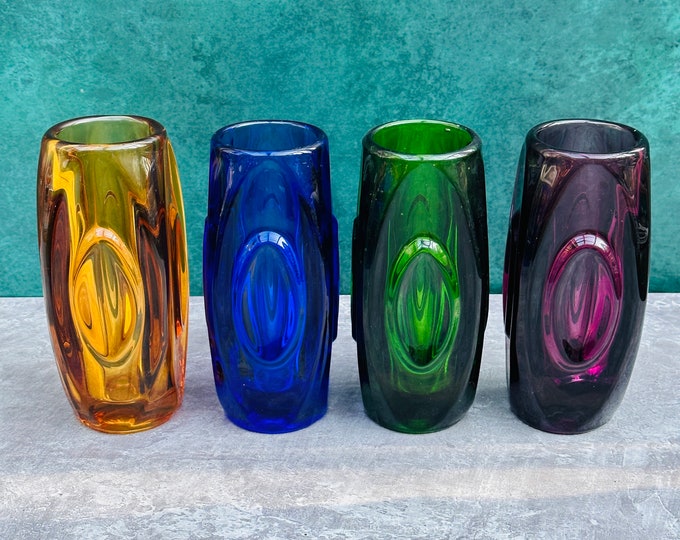 Rosice Sklo Glass Lens or Bullet Vases in Pink, Purple, Green, Aqua, Blue, Mid Century Czech designed by Rudolf Schrotter pattern no 914