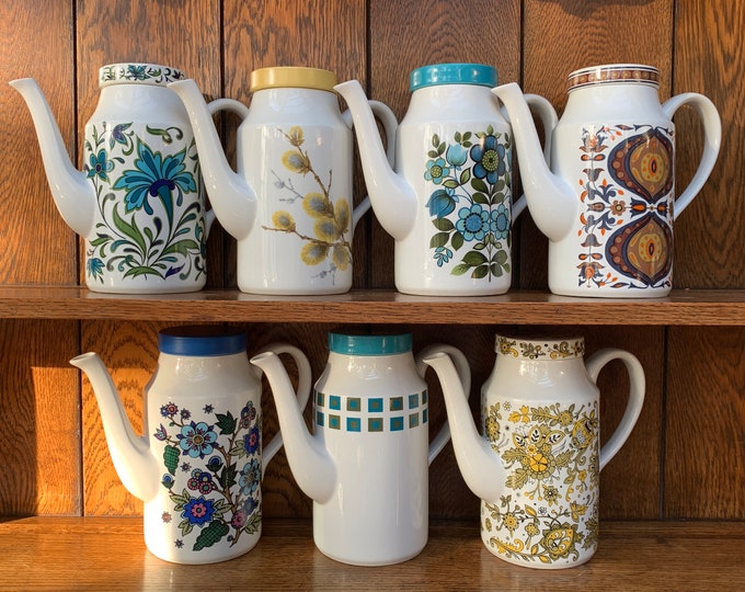 Midwinter Pottery Coffee Pots in the 1960s Fine Shape inc Kismet, Romany, Almeira, Alpine Gold & Spanish Garden patterns