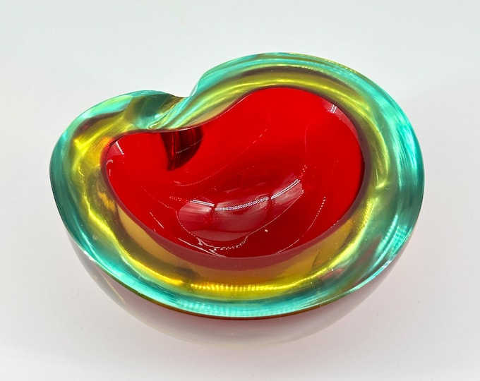Vintage Murano Geode Bowl in Mid Century Red, Amber and Aqua Sommerso Glass