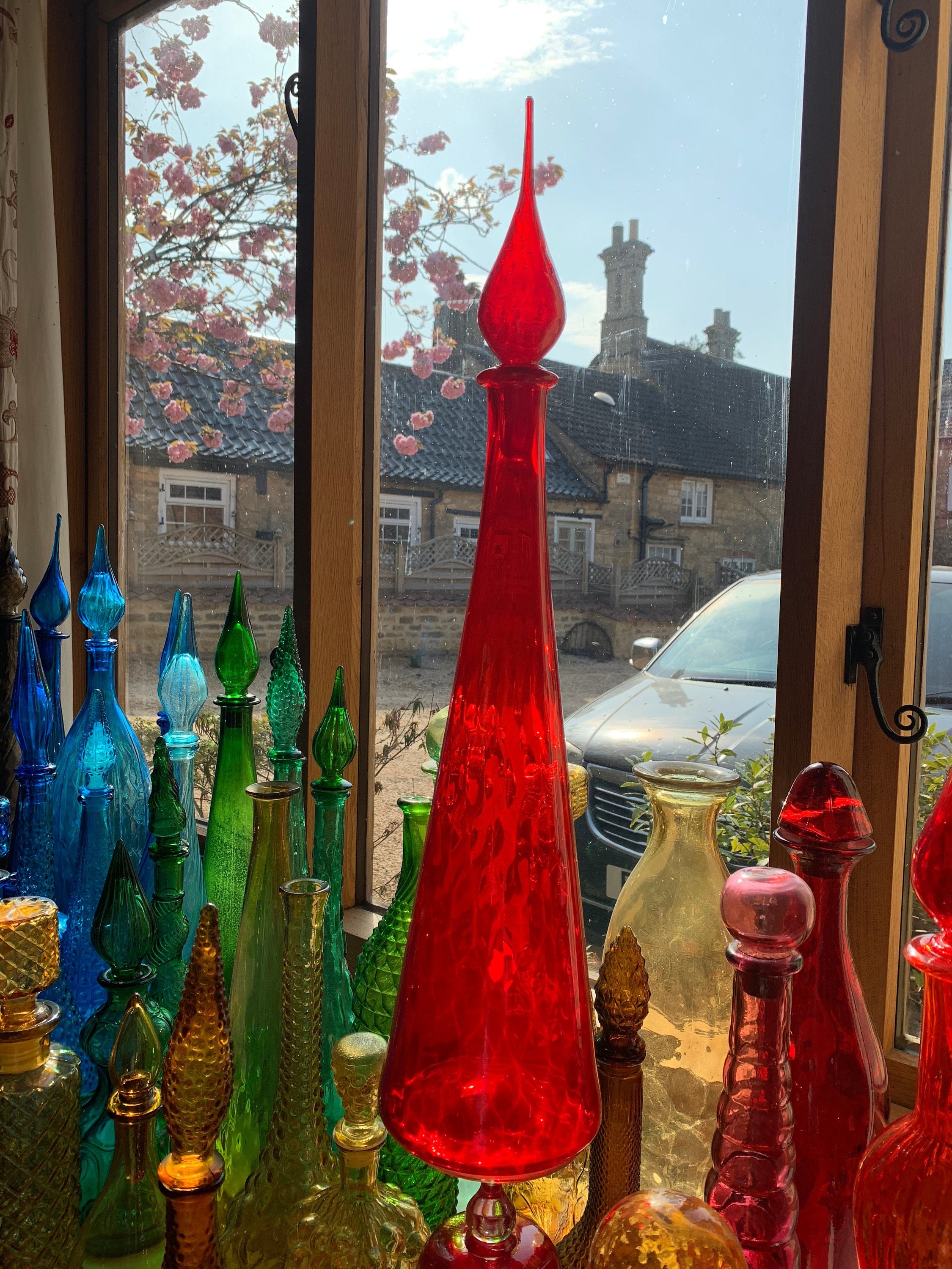 Red Genie Bottle - Tall 25 Vintage Italian Scarlet Optical Glass Decanter  with Flame/Teardrop Shaped Stopper in Perfect Condition