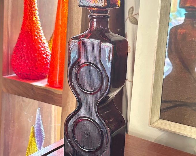 Empoli 'Grandfather Clock' Genie Bottle Decanter - Vintage Italian Glass Geometric Decanter in Cola Glass Inspired By Helena Tynell