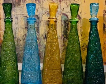 Triangle Genie Bottles - 3-Sided Vintage Italian Empoli Glass Decanters in Tiki Deco Triangular Style, in Clear, Green, Amber, Blue