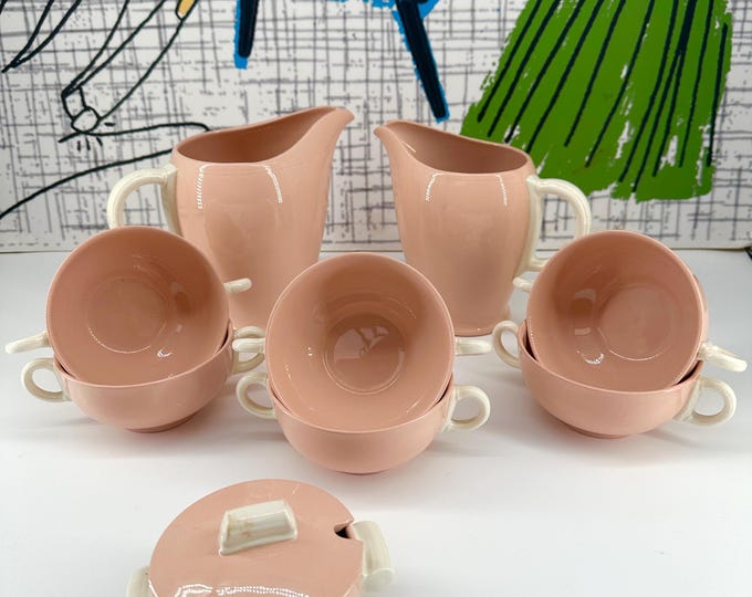 Grindley Rose Leaf - A Selection of Pink & Ivory Utility China Pieces including Jugs, Soup Cups and Sugar Bowl