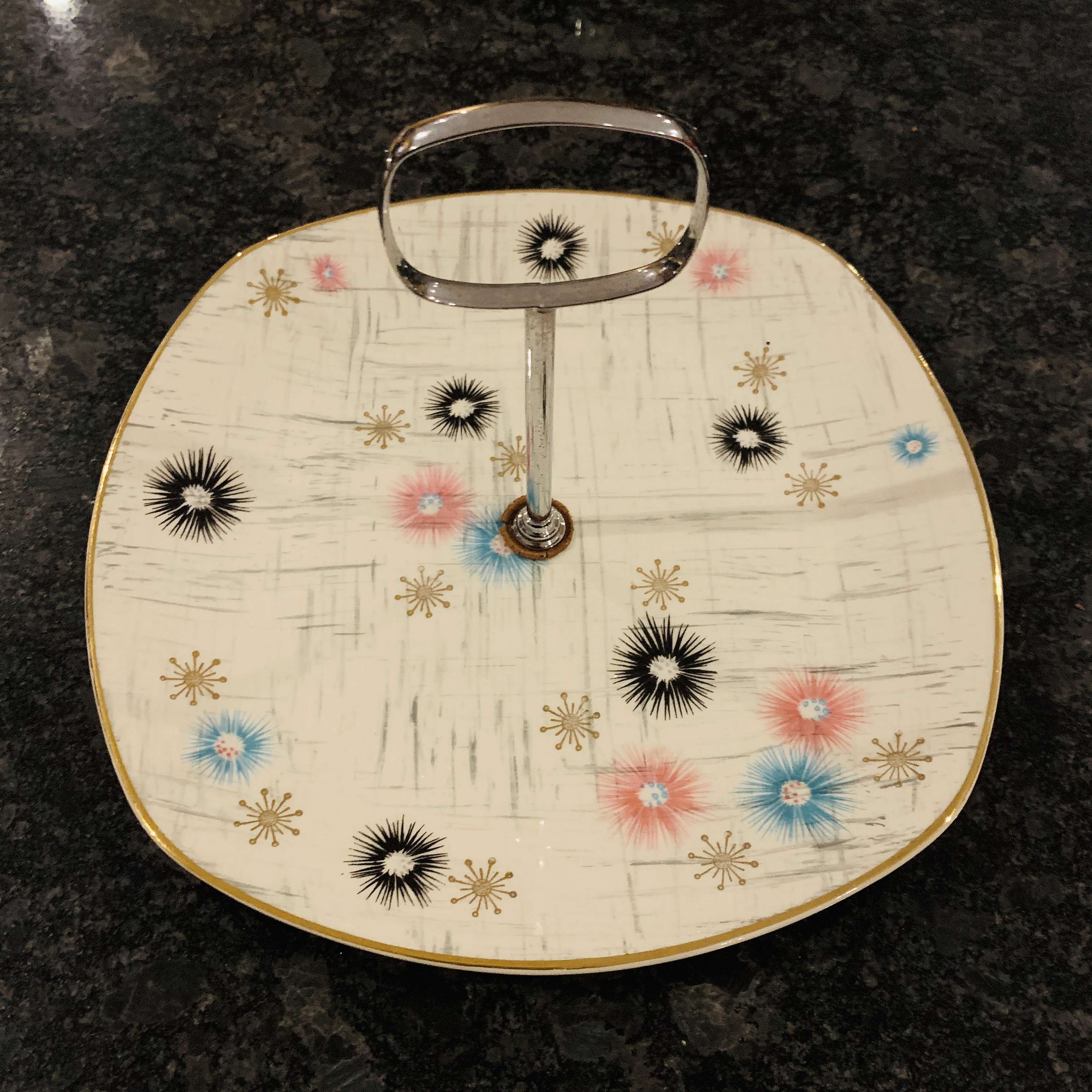 Rare Midwinter Pottery Cascade Pattern 9 Cake Plate with Chrome Handle