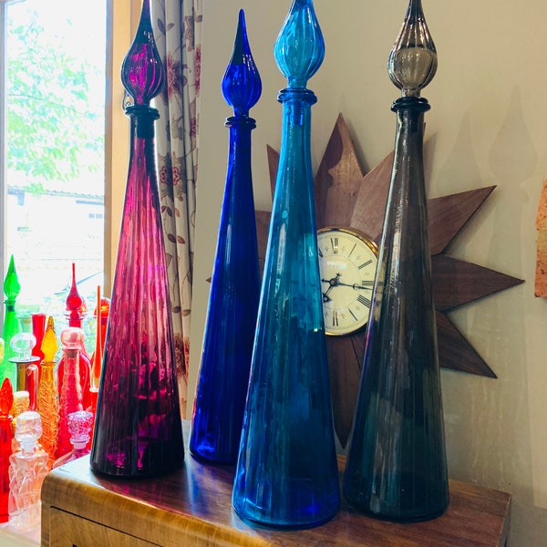 Empoli Genie Bottles - Vintage Tall Italian Glass Decanters in Turquoise, Smoke, Cobalt & Purple, Ribbed Flame Stoppers and Faceted Pattern