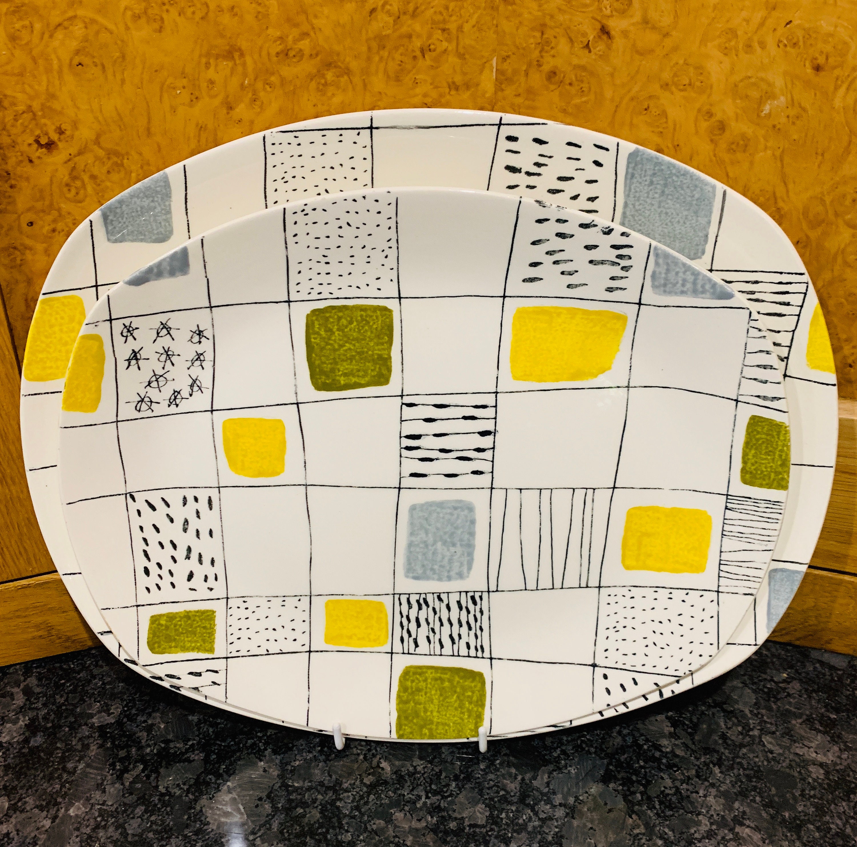 Midwinter Chequers by Terence Conran Mid Century Grey, Yellow & Green