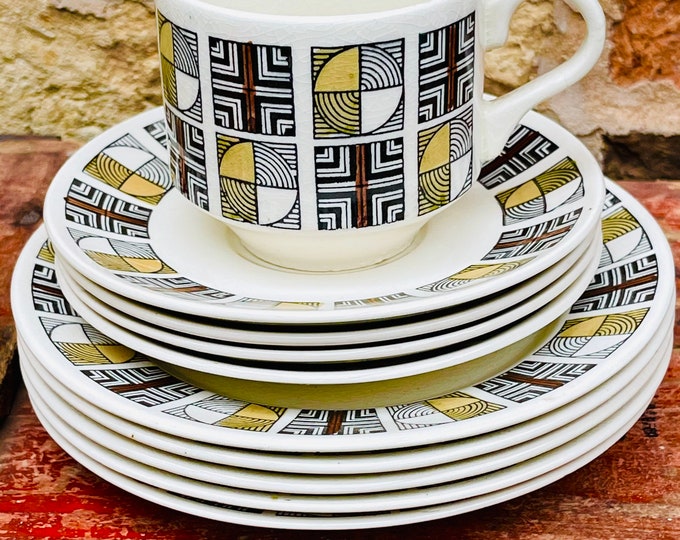 Kathie Winkle Concord Plates, Teacups and Saucers for Broadhurst Pottery - in 1960s Rust and Yellow Geometric Design