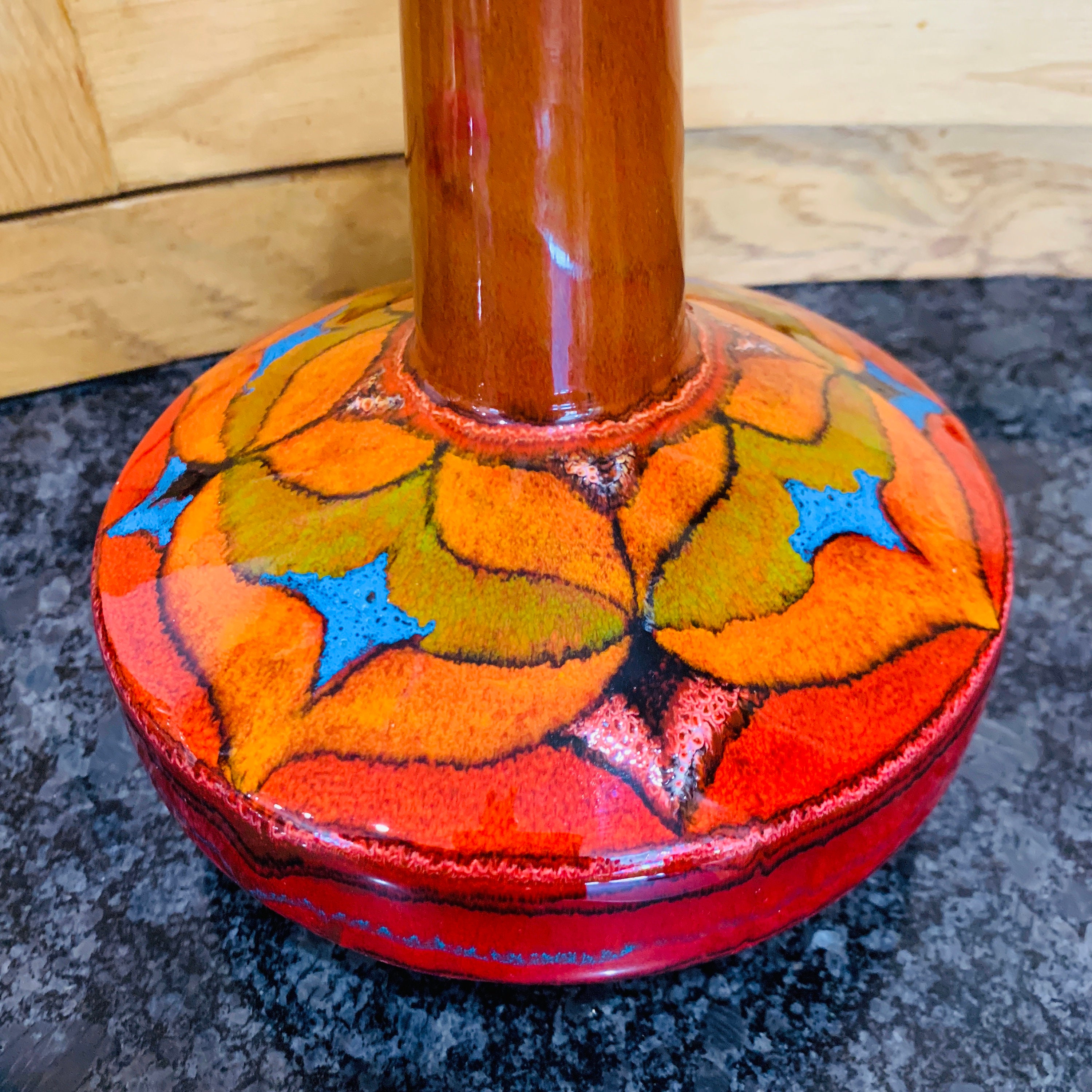 Santo Stefano di Camastra Sicilian Pottery Funnel Vase in Red, Orange & Turquoise, signed and Santo Stefano di Camastra Sicilian Pottery Funnel Vase in Red, Orange & Turquoise, signed and