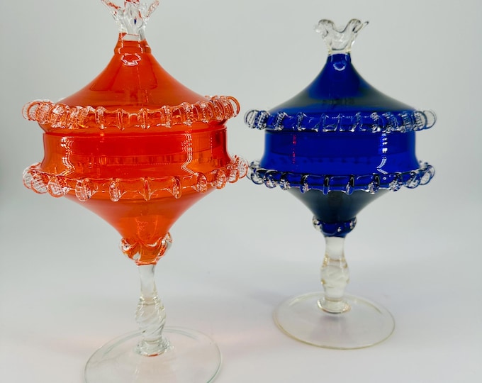 Empoli Bonbon Jars - Fancy Italian Glass Lidded Apothecary Bonbonnieres in Orange and Cobalt Blue
