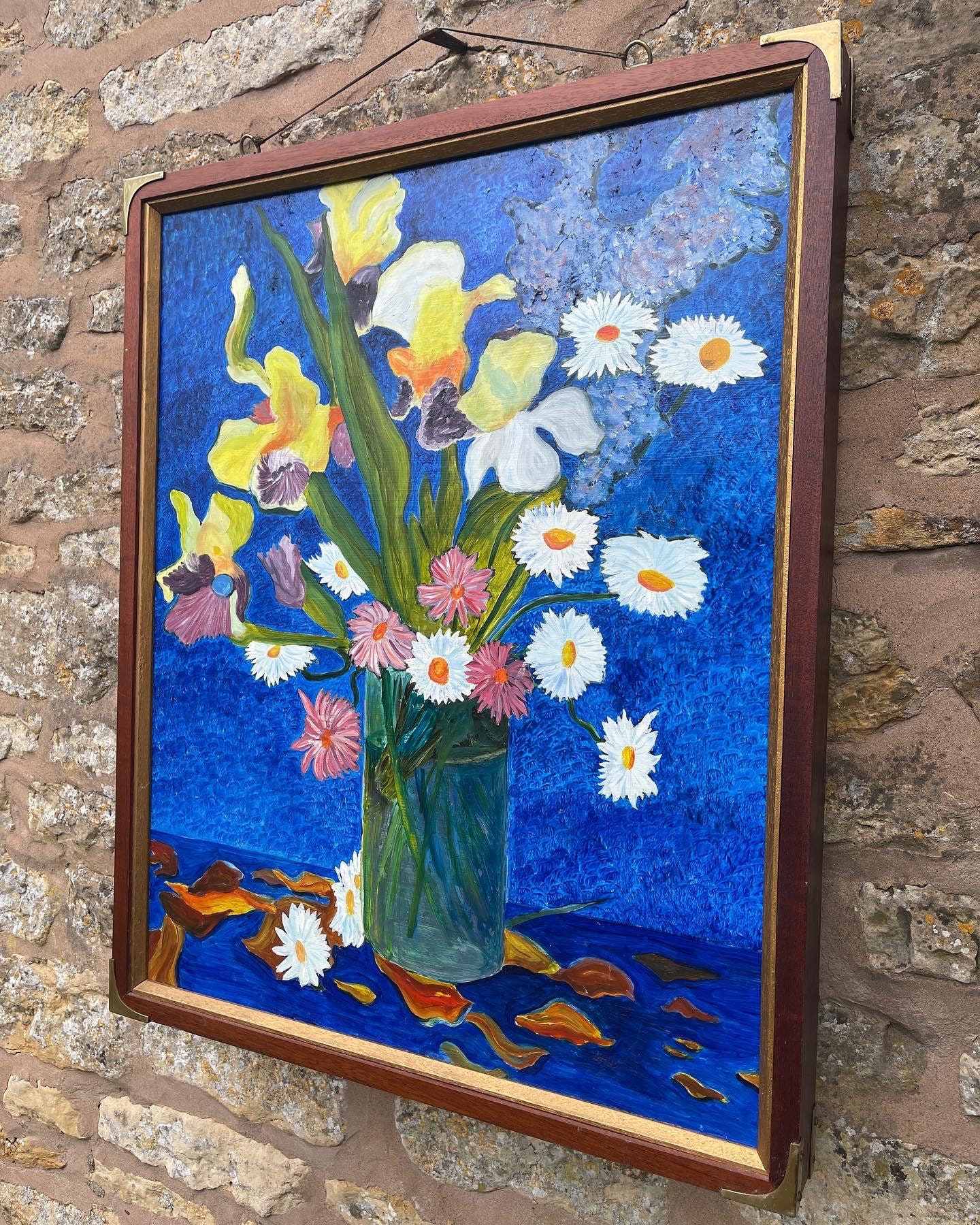 1970s Colourful Framed Painting Rose Garden with Modernist House