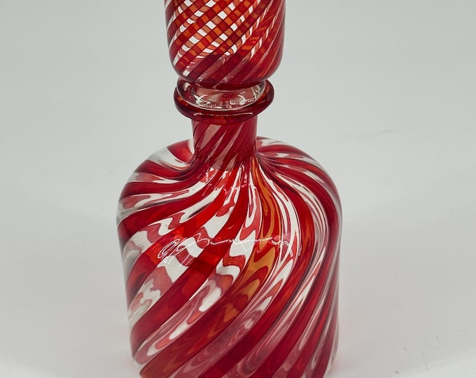 Murano Small Liqueur Decanter in Red and Clear Spiral Striped 'A Cane' Design with Stopper - Mid Century Handblown Venetian Glass
