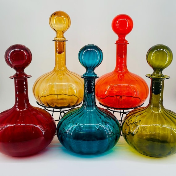Empoli Medallion Genie Bottles - Curvy Vintage Italian Optical Glass Decanters with Ball Stoppers in Jewel Colours