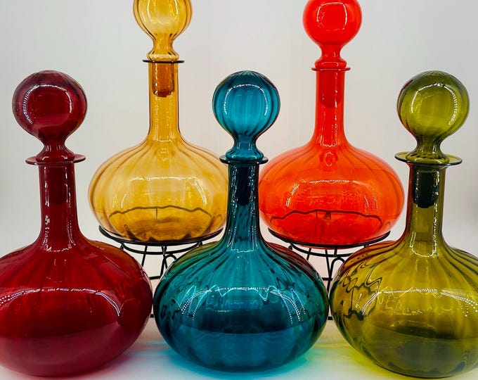 Empoli Medallion Genie Bottles - Curvy Vintage Italian Optical Glass Decanters with Ball Stoppers in Jewel Colours