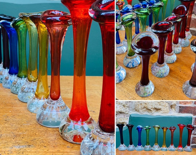 Aseda Bone Vases - A Selection of Swedish Mid-Century Glass Bud Vases in Two Sizes in Red, Blue, Green, Purple & Yellow