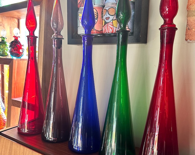 Empoli Genie Bottles - Vintage Italian Glass Conical Flask-Shaped Decanters in Red, Cobalt, Emerald & Amethyst, with Flame Stoppers