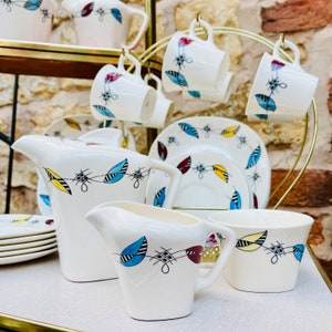 J&G Meakin Frolic Pattern 1950s Coffee Set and Tea Set Pieces with Handpainted Pattern in Blue, Red and Yellow