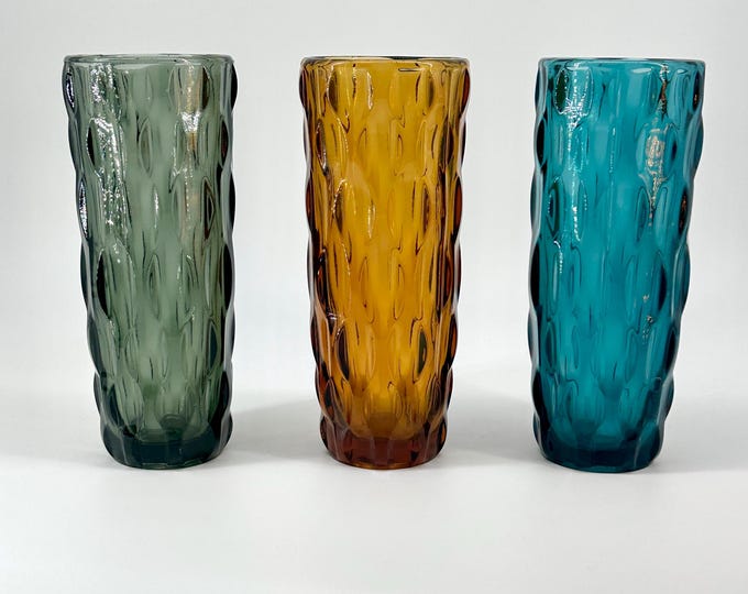 Zabkowice Optical Cylinder Vase No. 6049, Designed by Jan Sylwester Drost, Mid Century Polish Glass 20cm Tall in Teal, Smoke & Amber