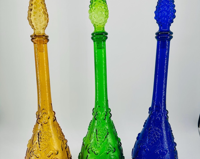 Empoli Grapevine Genie Bottles - Vintage Italian Textured Glass Grape and Cherry Pattern Decanters in Cobalt, Amber and Green