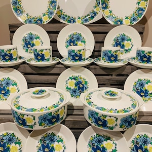 J&G Meakin Frühling Morgen 1970er Jahre Speiseservice Stücke, Lindgrün und Türkis Blau Flower Power Muster