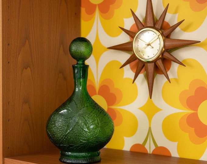 Empoli Maple Leaf Decanters - Heavy Vintage Italian Textured Glass Genie Bottles with Round Stoppers in Amber, Green