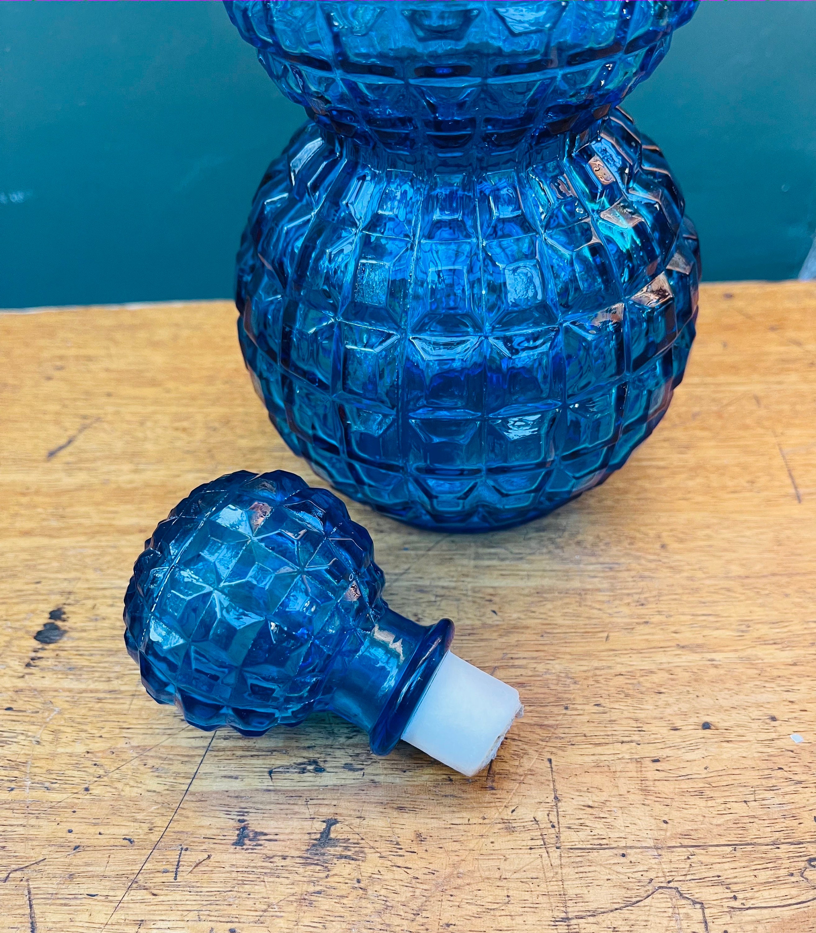 Home & Living Blue glass diamond genie bottle decanter with stopper Mid