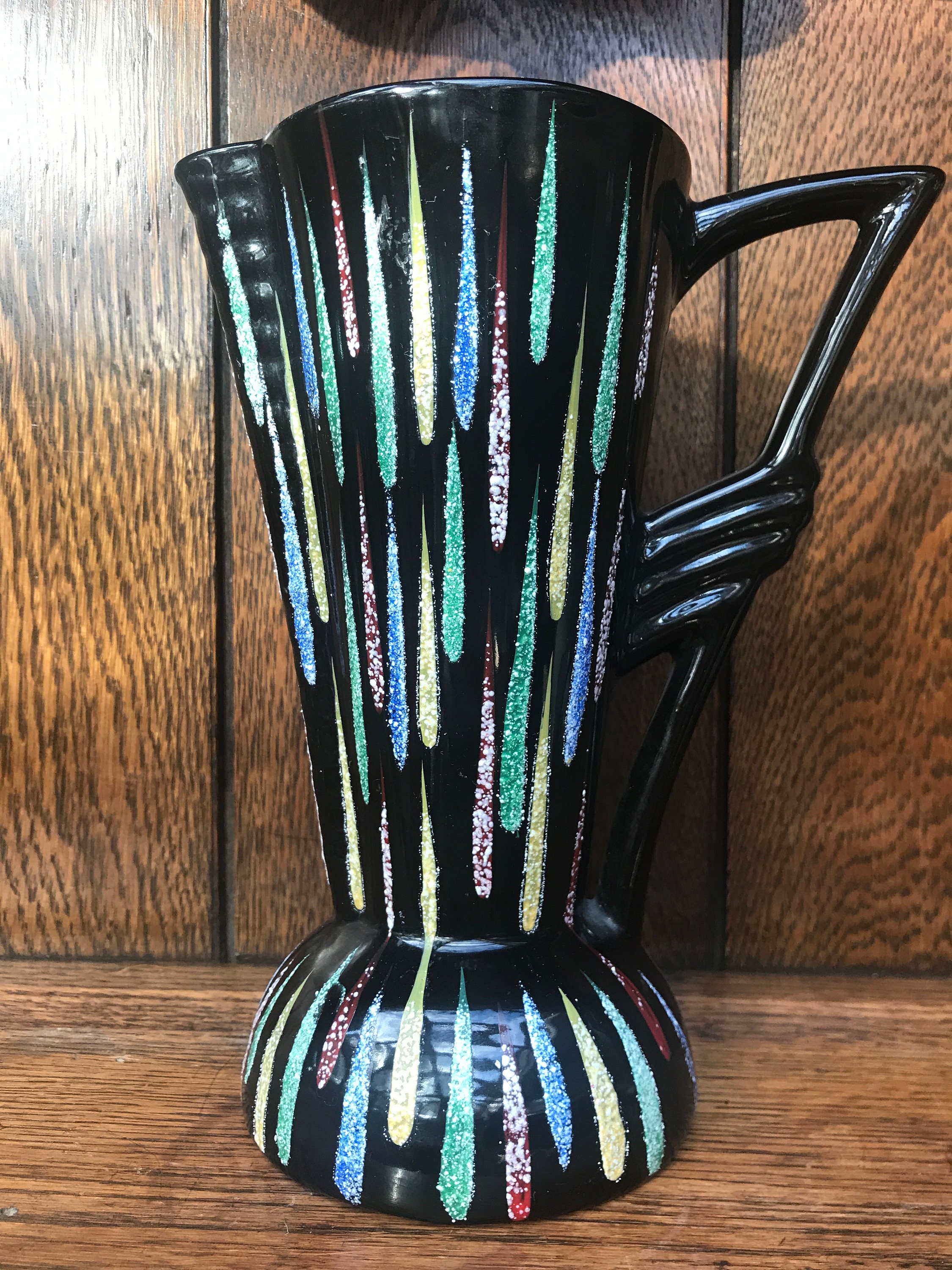 Pair Art Deco Pitcher Jug Vases with Stunning Black and MultiColoured