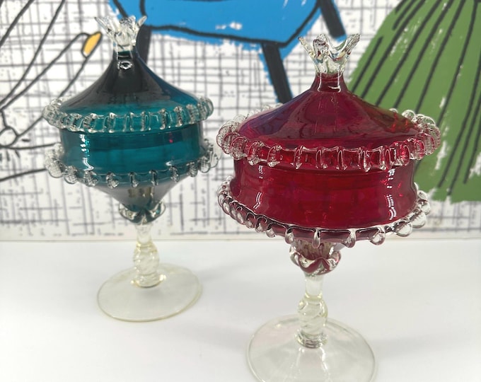 Empoli Bonbon Jars - Fancy Italian Glass Lidded Apothecary Bonbonnieres in Red and Teal