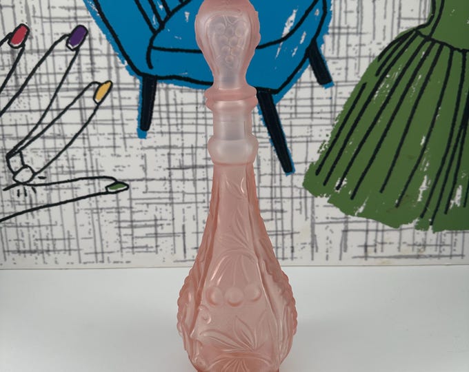 Pink Empoli Genie Bottle - Vintage Italian Frosted Glass Grapes and Cherries Decanter with Ball Style Stopper