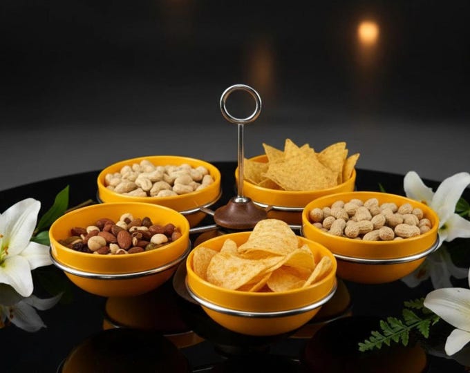 Danish Teak Revolving Snack Serving Tray With Five Sunshine Yellow Bowls