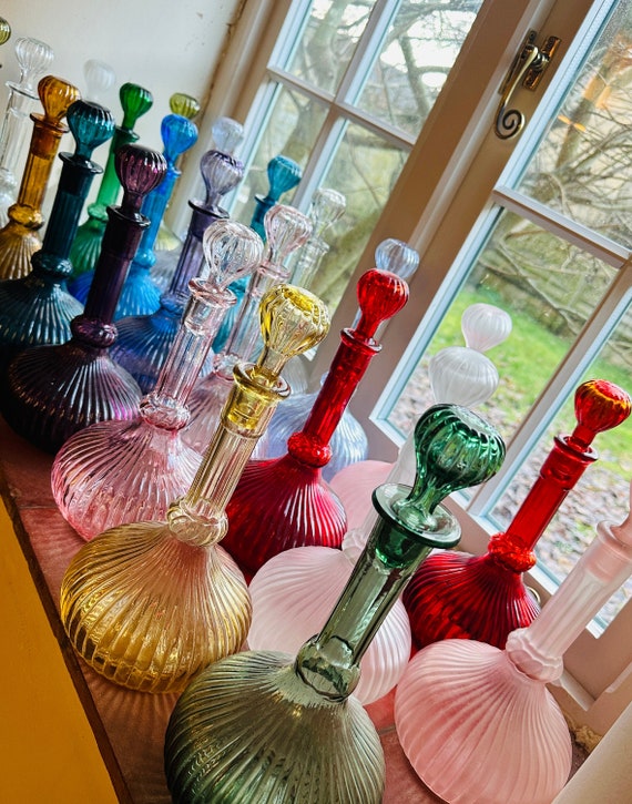 Vintage Italian Empoli Genie Bottles in the Hot Air Balloon Style in Red,  Pink, Blue, Olive, Clear & Frosted Glass -  Canada