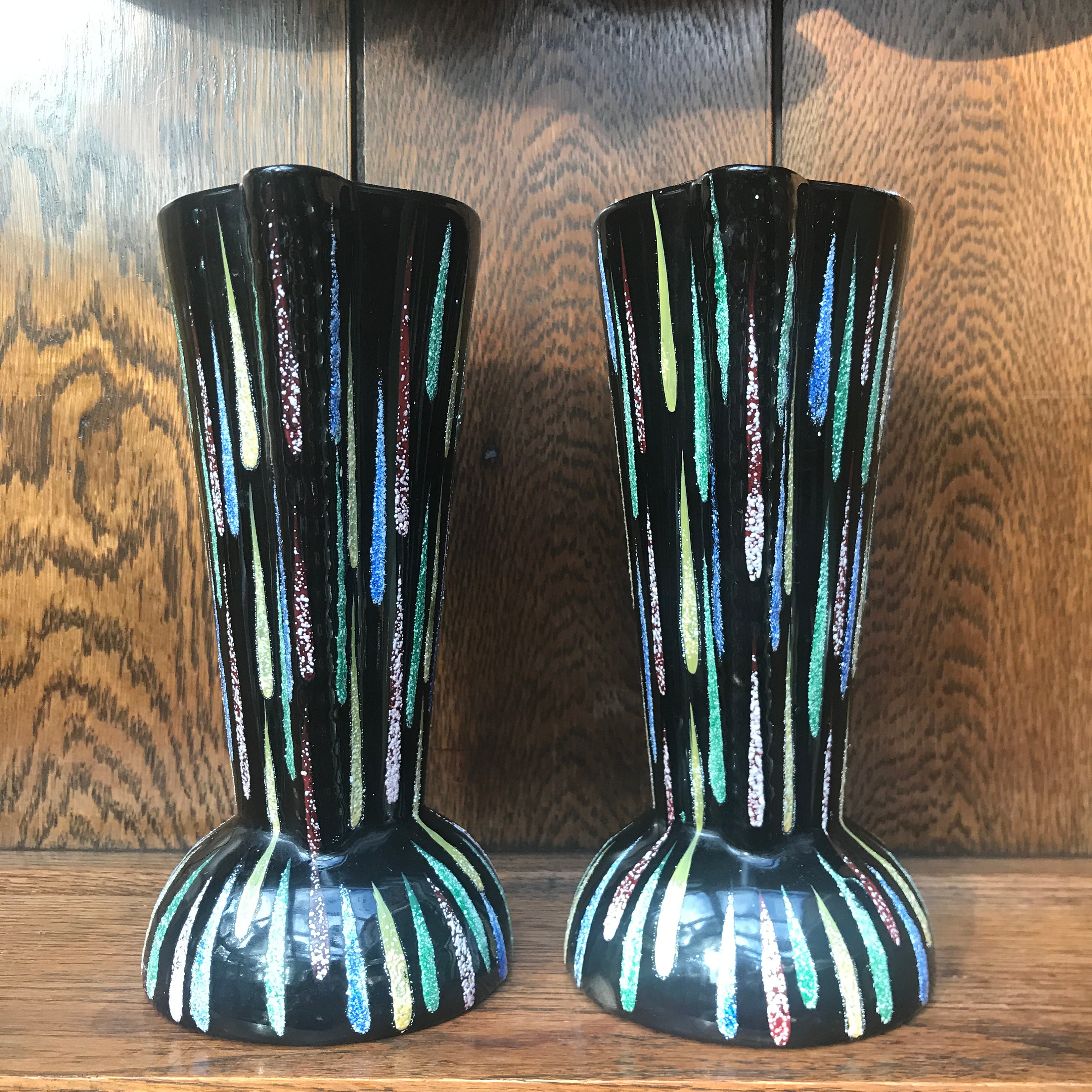 Pair Art Deco Pitcher Jug Vases with Stunning Black and MultiColoured Glaze Decoration in