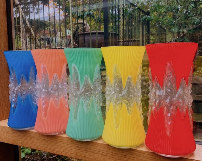 1950s Icicle Sprayware Ribbed Glass Flower Vases in Red, Green & Peach