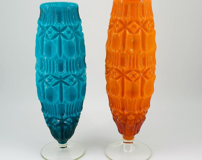Empoli Tiki Vases by STELVIA in Cased Turquoise and Orange Glass with Textured Geometric Pattern