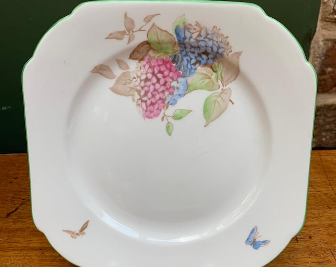 Shelley 'Lilac' Fine Bone China Tea Plates Seconds Ware Pattern No. 2221 Art Deco Squared Floral with Butterflies Scalloped Edge Green Trim