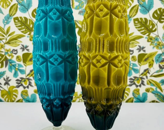 Empoli Tiki Vases by STELVIA in Cased Turquoise, Olive and Orange Glass with Textured Geometric Pattern