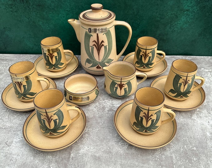 Honiton Pottery 1970s Coffee Set, Complete and Unused, 15 Pieces, in Oatmeal, Blue and Brown, Made in Devon, England