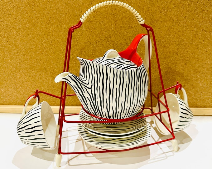 Midwinter Zambesi Zebra Striped 1950s Tea Set For Two On Red Atomic Stand