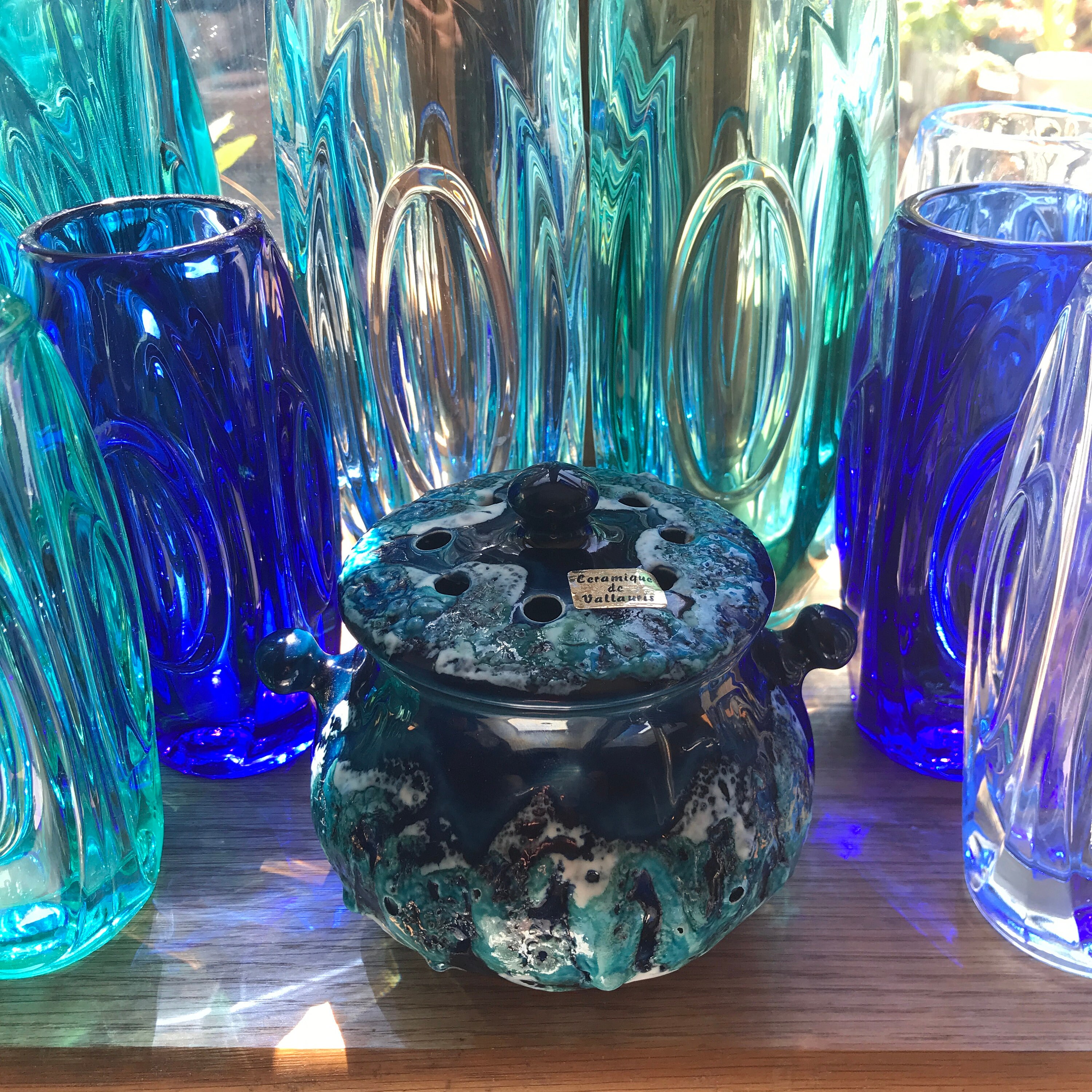 1960s Vallauris French Blue Ceramic Lidded Garlic Keeper Pot with Fat