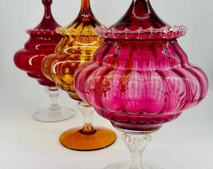 Empoli Bonbon Jars - Large Italian Glass Lidded Apothecary Bonbonnieres in Olive Green, Pink, Red and Amber