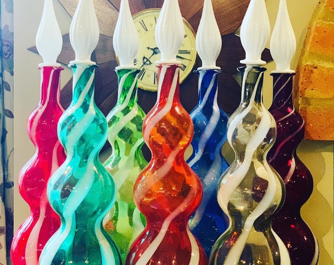 Alrose Genie Bottles - Candy Striped Vintage Empoli Italian Glass Decanters with Milk Glass Stoppers made by Cristalleria Artistica Toscana