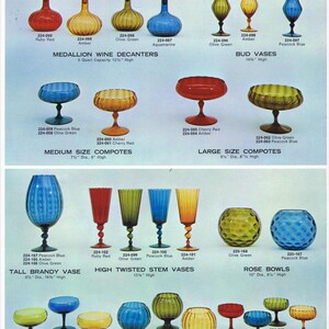 May include: A vintage catalog page showcasing colorful glassware. Featured are medallion wine decanters, bud vases, compotes, brandy vases, twisted stem vases, rose bowls, champagne dishes, ivy floral bowls, and mint dishes in various colors like ruby red, amber, and peacock blue.