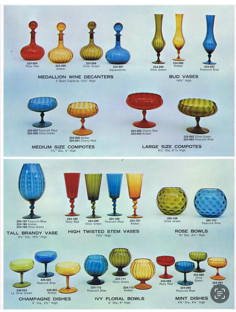 May include: A vintage catalog page showcasing colorful glassware. Featured are medallion wine decanters, bud vases, compotes, brandy vases, twisted stem vases, rose bowls, champagne dishes, ivy floral bowls, and mint dishes in various colors like ruby red, amber, and peacock blue.