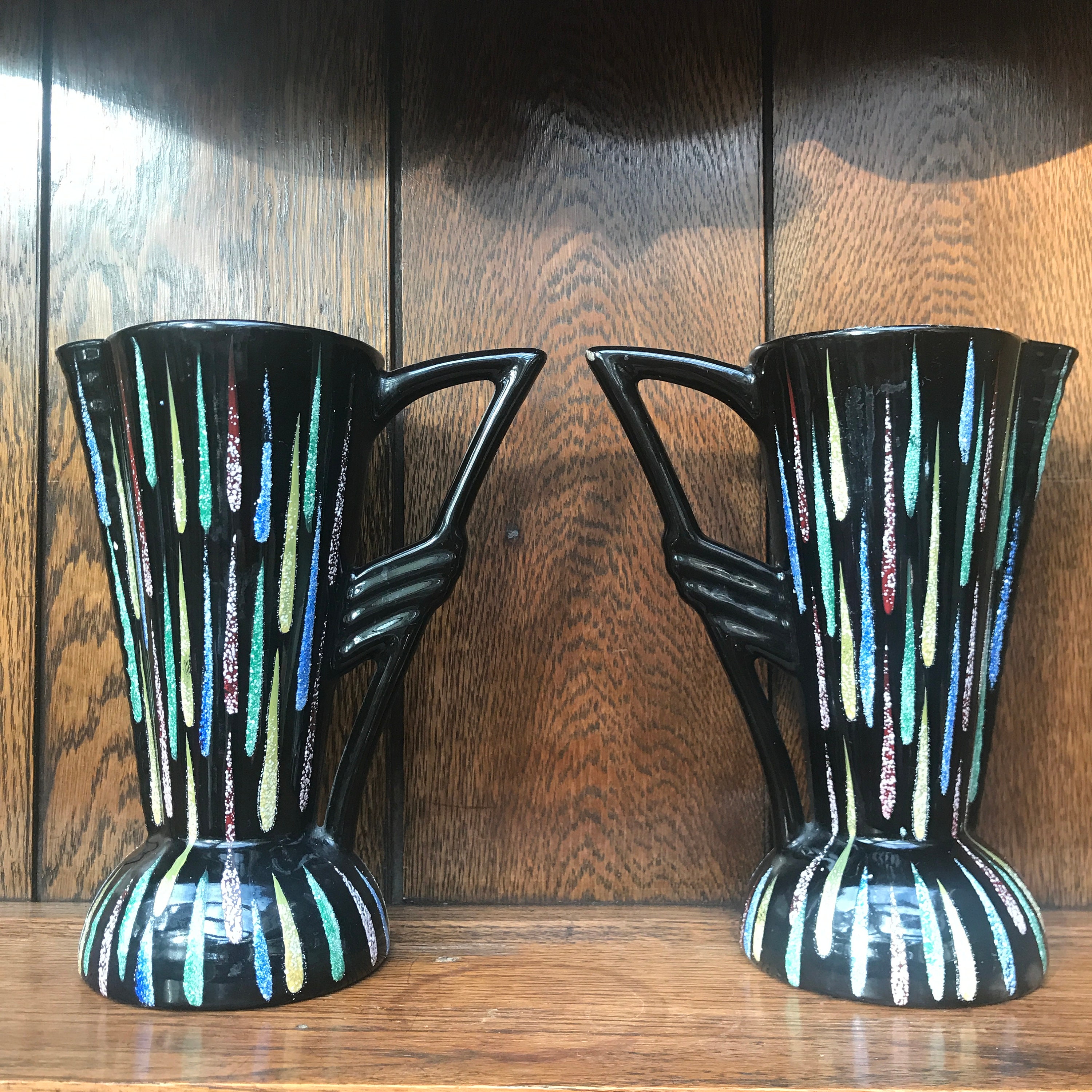 Pair Art Deco Pitcher Jug Vases with Stunning Black and MultiColoured