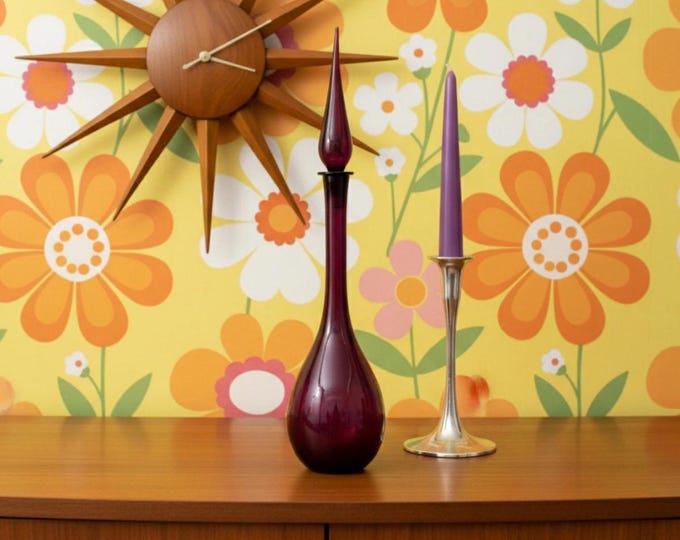 Empoli Cased Genie Bottle In Purple - Vintage Italian Decorative Decanter with Original Glass Stopper