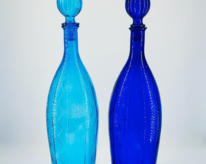 Empoli Genie Bottles in the Giant Squiggle Shape, Very Tall Vintage Italian Glass Decanters in Cobalt Blue and Turquoise