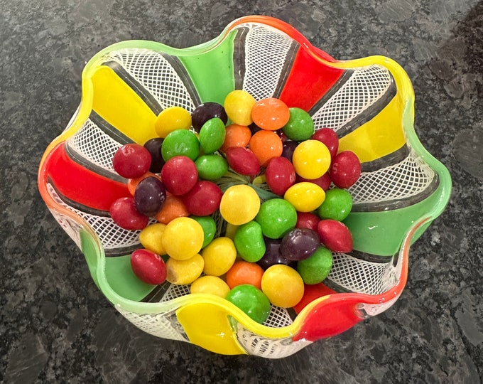 Vintage Murano Glass Latticino Zanfirico Trinket Sweet Dish Bowl Featuring Red Green & Yellow Stripes