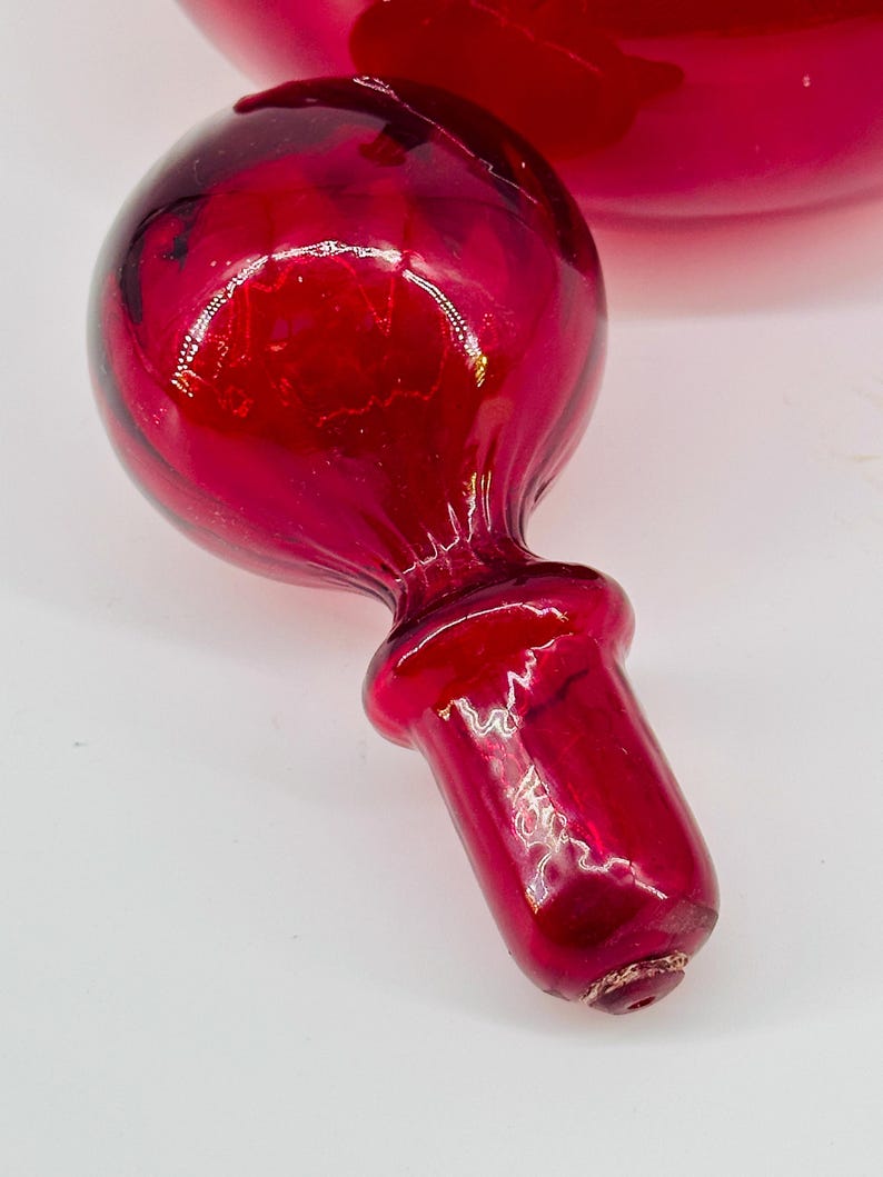 Empoli Medallion Genie Bottles - Curvy Vintage Italian Optical Glass Decanters with Ball Stoppers in Jewel Colours Stopper Only Red