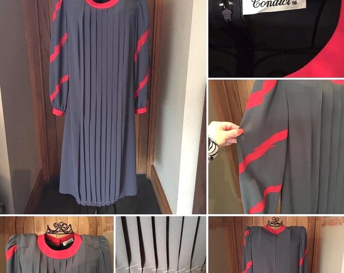 Vintage 1980s Grey & Red Condici Occasion Dress with Lightning Flash Sleeve Detail Bowie Ziggy Stardust UK Size 14/16