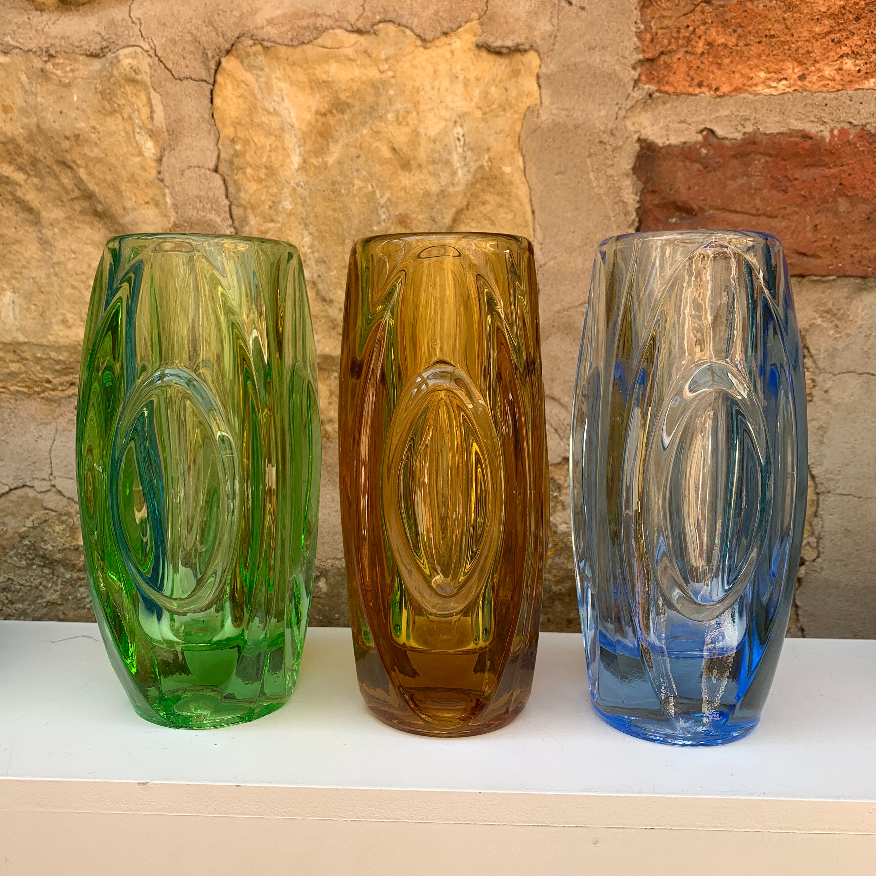 Rosice Sklo Glass Lens or Bullet Vases in Amber, Green, Blue Mid Century Czech designed by