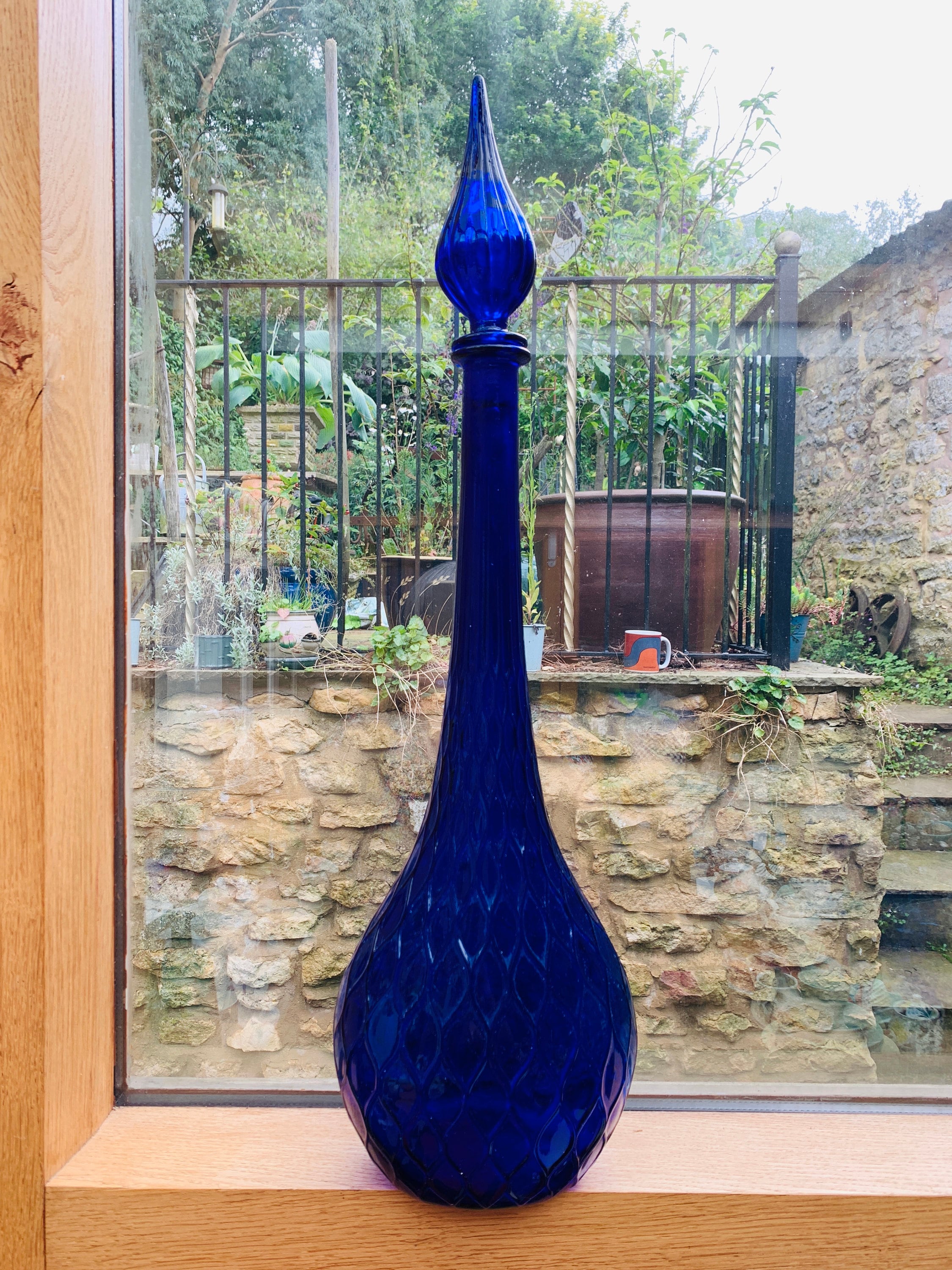 Cobalt Blue Genie Bottle With Quilted Pattern Vintage Tall Empoli Italian Glass Decanter With